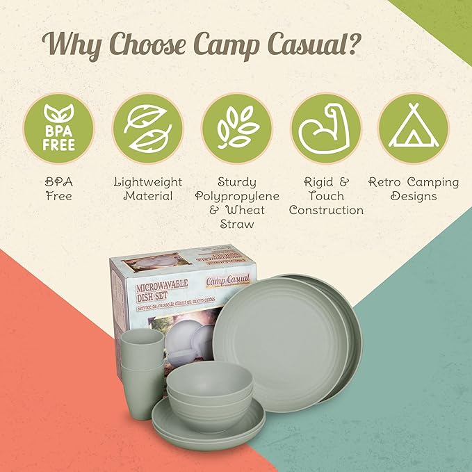Camp Casual Camping Plates Cups and Bowls Set - 8-pc Wheat Straw Dinnerware Sets - 2 Bowls 2 Cups 2 Small &amp 2 Large Indoor/Outdoor RV Dishes - BPA Free Dishwasher &amp Microwave Safe (Boho Blu