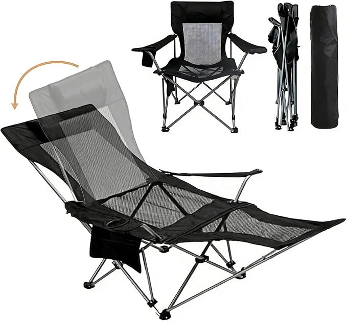 Reclining Camping Chair with Removable Footrest Adjustable Camping Lounge Beach Chair with Padded Headrest Cup Holder &amp Carry Bag Camp Chair with Foot Rest Lawn Chair for Outdoor Patio Black M