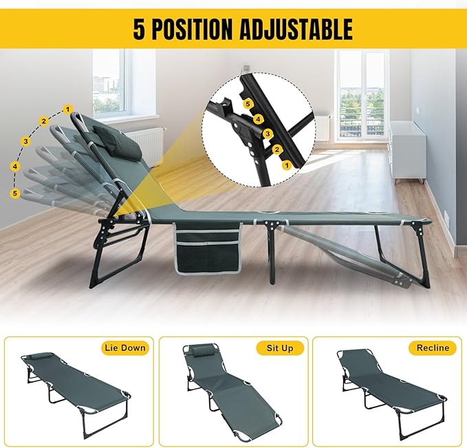 YELLOW JACKET Folding Camping Cot for Adults Adjustable 5-Position Portable Sleeping Cot Bed with Pillow and Removable Mattress Reclining Foldable Camp Cots for OutdoorHomeBeachPatioGrey