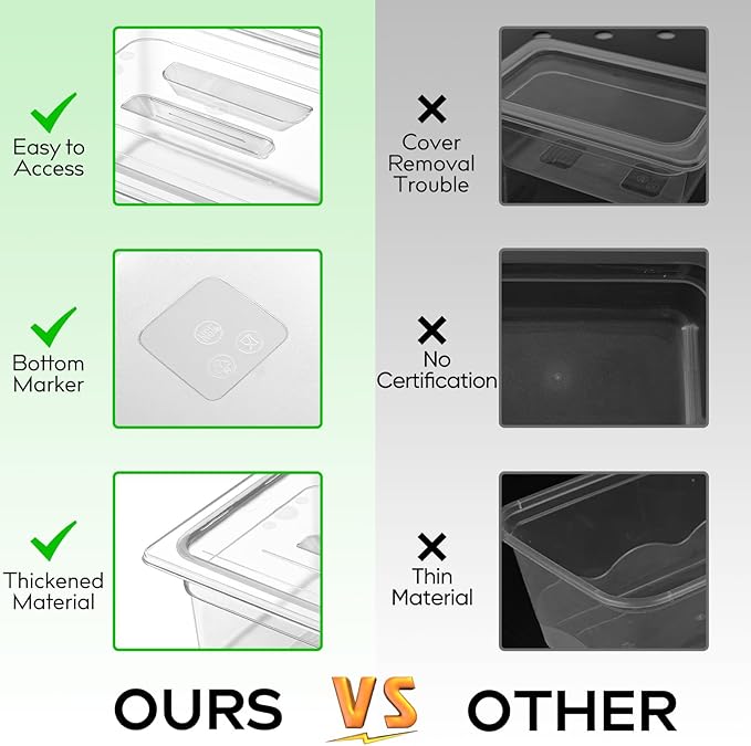 6 Pack 1/4 Size 6'' Deep Clear Food Pans with Lids Commercial Food Pans Polycarbonate Transparent Food Storage Containers Stackable Plastic Pan with Capacity Scale Restaurant Supplies Hotel Pan