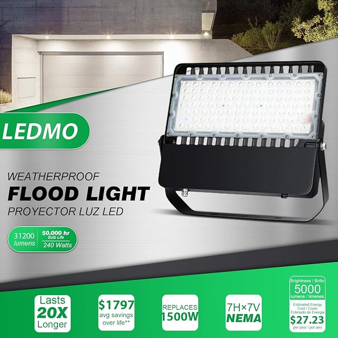 ledmo 240W Outdoor LED Flood Light 36000 Lumens Large Area Stadium Lighting 5000K Daylight Die-Cast Aluminum Security Light for Backyard Warehouse Horse Arena IP65 Waterproof 110-277V Hardwired