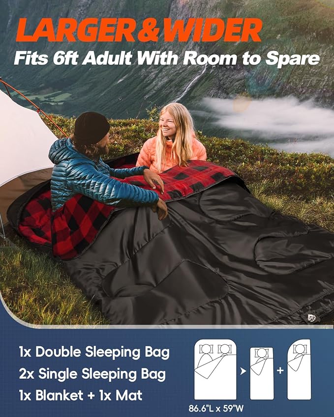 MEREZA Flannel Double Sleeping Bag for Adults Cold Weather XL Queen Size Sleeping Bag for All Season 2 Person Big and Tall Sleeping Bags for Camping 0 Degree with Pillow