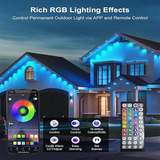 300FT Permanent Outdoor RGB LightsIP67 Waterproof Smart LED Eaves Lights with App/Remote Controlfor Christmas and All Holiday DecorDaily and Accent LightingHouse Roof and Garden Lighting