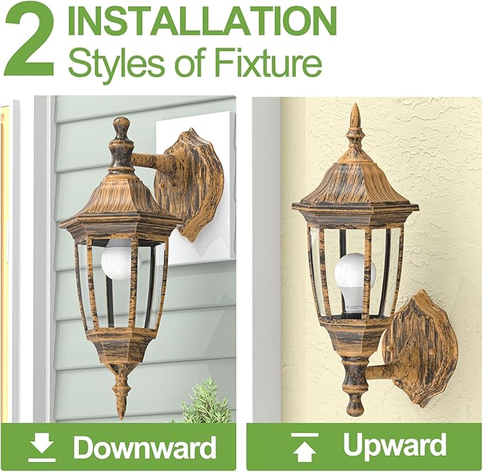 EMART Outdoor Porch Light Brushed Gold Anti-Corrosion Plastic Material Wall Mount Lantern for Backyard Garage Front Porch - 2 Pack