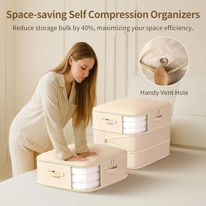 6 Pcs Comforter Storage Bag 3-tier Compression Storage Bags Large Capacity Sheet Organizer with Zipper Window Ultra Space Saving Self Compression Organizers Bedding Storage Bag for Blanket Sheet