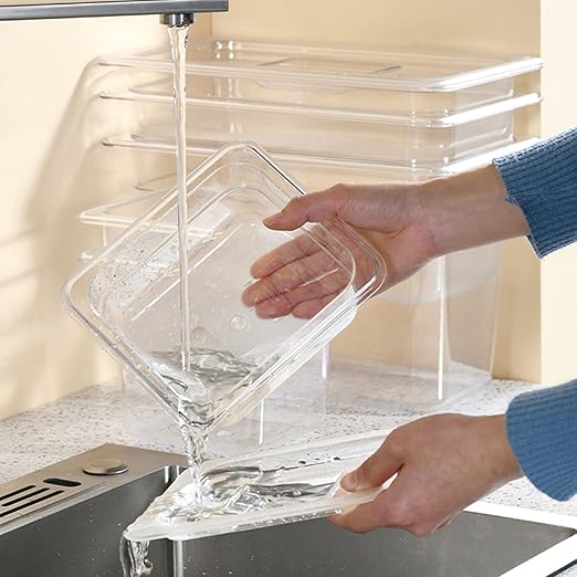 Bekith 6 Pack 1/6 Size Clear Polycarbonate Food Pans with Lids for Kitchen Restaurant Food Prep 4 Inches Deep