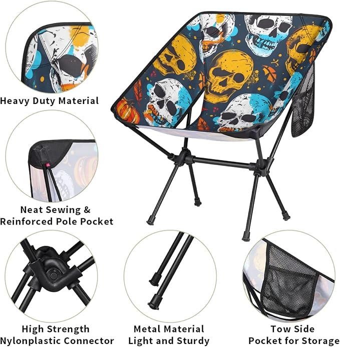 Honeybaby Folding Camping Chair Skulls Print Camping Chairs Lightweight Portable Chair Outdoor Foldable Chairs for Camping Travel Picnic Beach Hiking