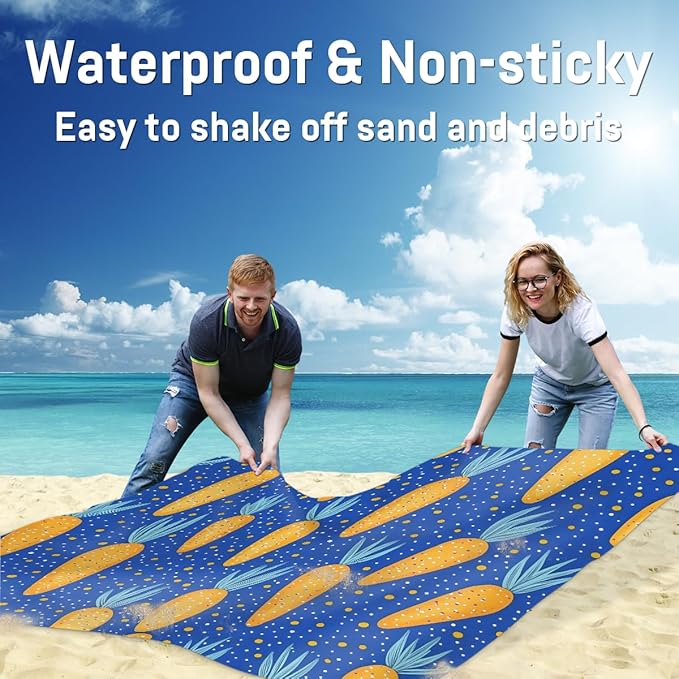 Waterproof Sandproof Beach Blanket 59''×68'' Star Carrots Polyester Outdoor Picnic Blanket with 4 Stakes &amp Storage Bag for BeachCampingVacation Blue
