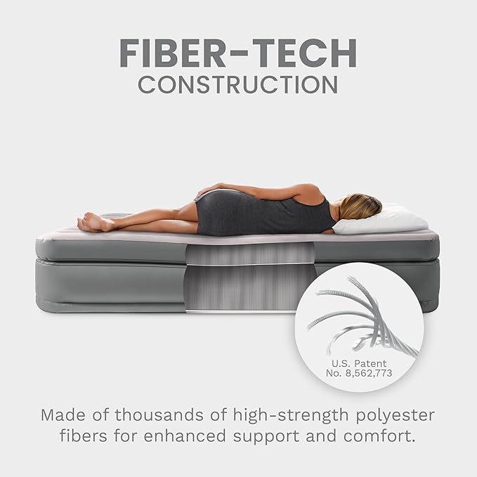 Intex Dura Beam Plus Prime Comfort Fiber-Tech Elevated Technology Home Air Mattress Bed with Electric Built-In Pump Queen