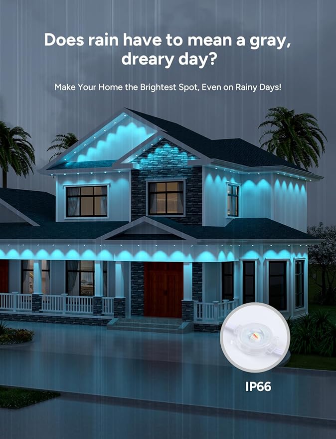 Permanent Outdoor Lights 100ft with 60 RGB LED Lights for Christmas and Daily 49 Scene Modes+DIY for Christmas Decor IP66 Waterproof for Outdoor Compatible with Alexa Google Assistant