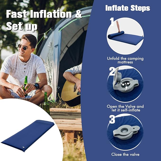 Tangkula Self Inflating Sleeping Pad 3 Inch Inflatable Camping Mattress Pad with 9.5R Value Insulated Foam Camping Mat with Pillow Lightweight Camp Sleep Pad for Backpacking Car Tent