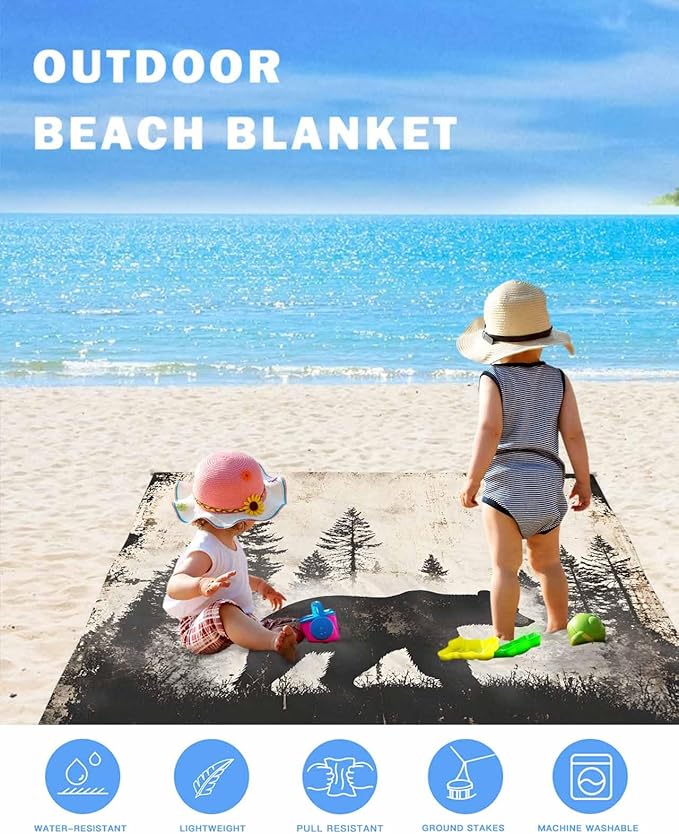 Beach Blanket Waterproof Sandproof Oversized Forest Brown Bear Silhouette Beach Mat with Corner Stakes Sand Pockets Minimalist Modern Art Outdoor Picnic Mat for Travel Camping Hiking 95x80In