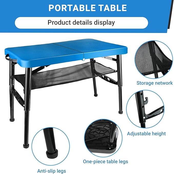 Portable Folding Table and Stool Set Lightweight Foldable Table &amp Collapsible Stool for Camping Picnic Beach Fishing Sturdy Small Outdoor Table with Mesh Layer Storage- Blue