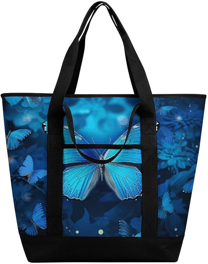 Insulated Shopping BagLarge Reusable Cooler Bags Blue Beautful Butterfly Printed Foldable Shopping BagTravel Waterproof Shoulder Bag