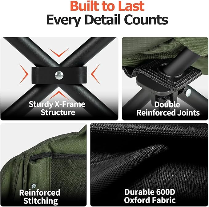 Overmont Oversized XL Camping Chair for Adults - 400lbs Support Heavy-Duty Padded Folding Chair with Side Pocket Cup Holder Cooling Bag for Outdoor Sports Garden Beach Fishing Lawn Green