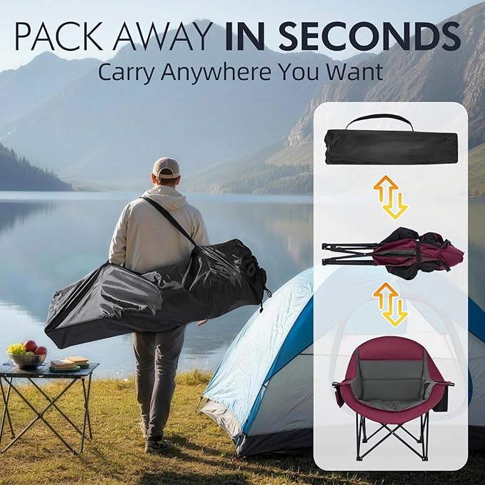 Oversized Camping Chair for Adults - Heavy Duty Padded Outdoor Folding Lawn XL Camp Chair with Cup Holder Cooler Pockets for Sports Beach Fishing Garden Portable Supports 500lbs Red/Grey