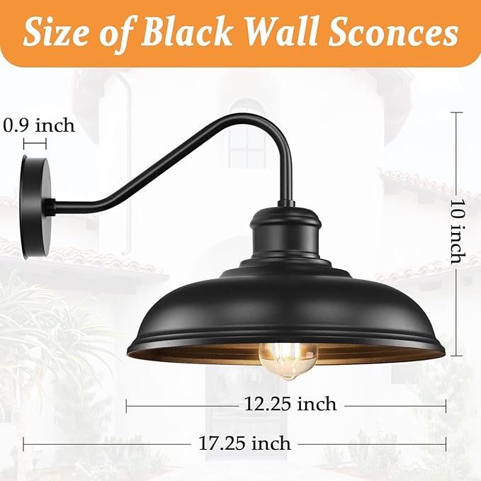 17.25” Outdoor Wall Light Fixtures 2-Pack Farmhouse Black Barn Lights Gooseneck Exterior Lighting Fixtures Wall Mounted Porch Lights Waterproof Anti-Rust Outdoor Lights for House Garage Entryway