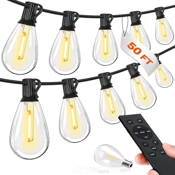 Tenmiro 50FT LED Outdoor String Lights with Remote16+ 1 Shatterproof Bulbs Waterproof and Dimmable Patio Lights for Porch Garden Backyard Deck Balcony 2700K Hanging Lighting