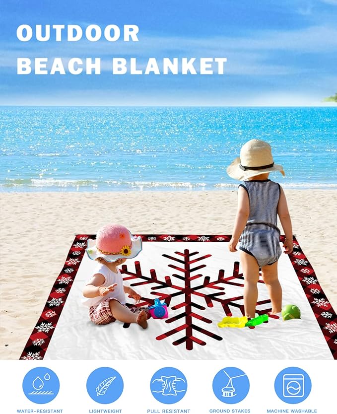 Beach Blanket Waterproof Sandproof Winter Snowflake Christmas Snow Red Buffalo Plaid Quick Drying Beach Mat with 4 Stakes Black Grid White Back Lightweight Picnic Blanket for Travel Camping 83x79