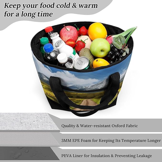 Insulated Shopping BagLarge Reusable Cooler Bags Countryside Road Printed Foldable Shopping BagTravel Waterproof Shoulder Bag