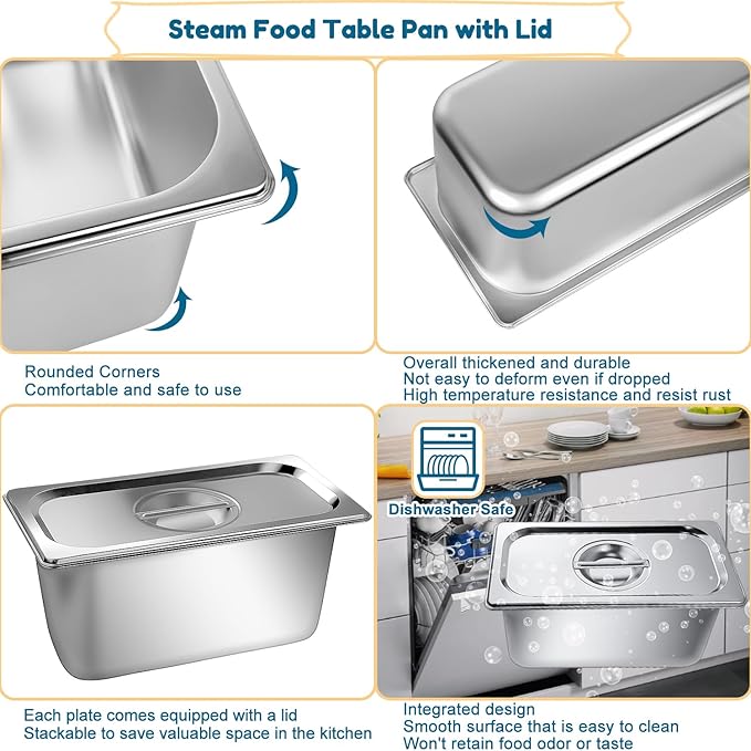 Stainless Steam Hotel Pan1/3 Size 6 Inch Deep Steam Table Pan with Lid 8 Pack 0.8 mm Thick Anti Jam Pan Stainless Steel Steamer Pan for Commercial Party RestaurantHotel
