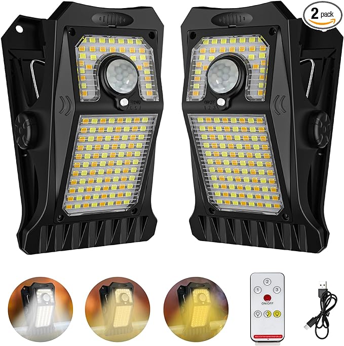 Tryme 118Leds Solar Lights Outdoor Clip Motion Sensor Lights Security Light 3 Modes 3 Color Temperature Solar Powered USB Charging (2 Pack)