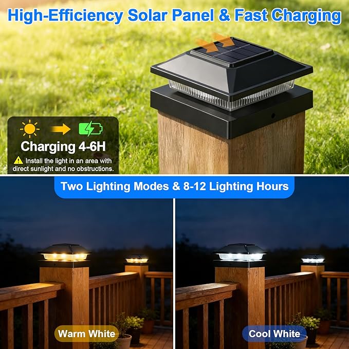 Brightever Solar Post Cap Lights 8-Pack Outdoor Solar Powered Fence Post Lights Black Solar Waterproof Deck Post Lights for 4x4 Vinyl/Wood Posts Warm/Cool White Perfect for Garden Patio Porch