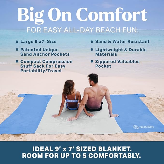 Seaview 180° Beach Blanket Waterproof Sandproof Extra Large 6x7 Sand Free Beach Mat for 1-6 Adults Oversized Outdoor Blanket with 4 Sand Pockets Portable Lightweight Packable - Picnic Mat