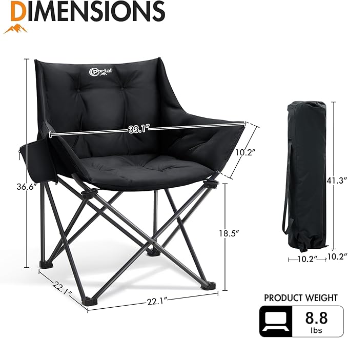 Portal Oversized Padded Camping Chair - Heavy Duty Folding Chair with Cup Holder &amp Side Pocket Supports 330 lbs for Camping Lawn Sports Black