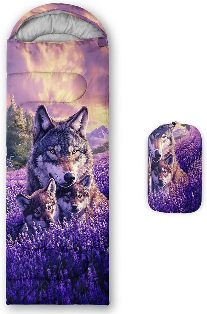 AILONEN Floral Wolf Sleeping Bag for Girls WomenWarm and Cool WeatherLightweightWaterproof BackpackingColorful Flower Animal Print Sleeping Bag for Camping