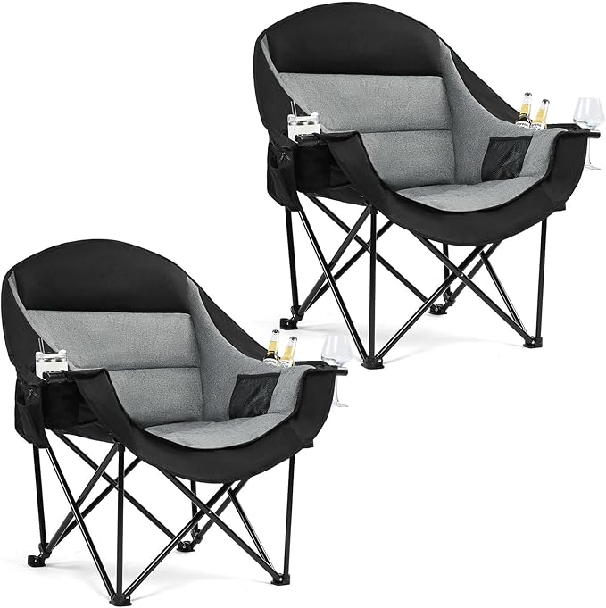 Oversized Camping Chair for Adults - Heavy Duty Outdoor Padded Large Lawn Camp Chair with Cup Holder Cooler Pockets for Sports Beach Fishing Garden Portable Supports 500lbs Black/Grey 2 Pack