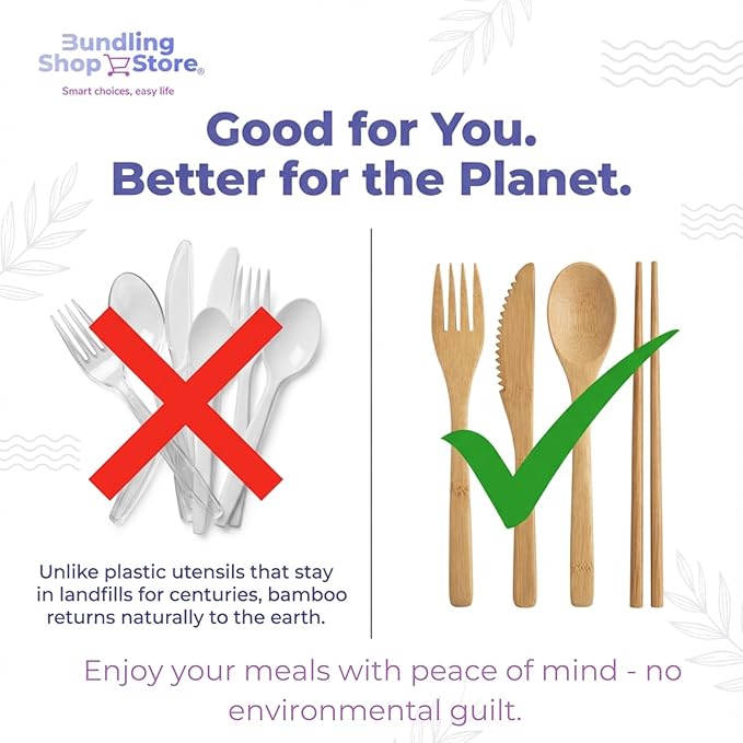 Reusable Bamboo Utensil Set 90 – Eco-Friendly Portable Wooden Cutlery for Travel Camping Office Lunches &amp Picnics – Lightweight Durable &amp Dishwasher Safe