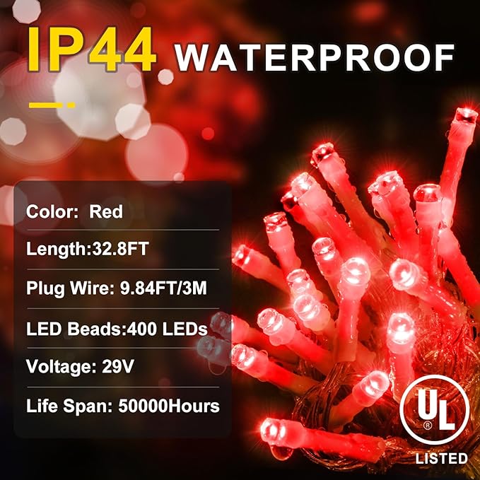 KNONEW Christmas Lights Outdoor Decorations 400 LED 33ft 8 Modes Curtain Fairy String Light with 75 Drops Clear Wire LED Hanging Light Decor for Wedding Party Holiday Christmas Decorations (Red)