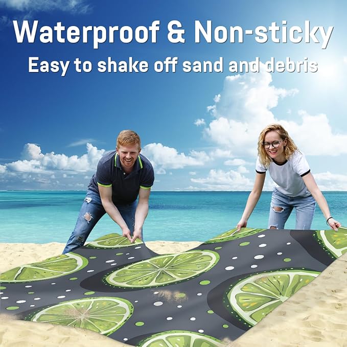Waterproof Sandproof Beach Blanket 59''×68'' Sour Lemon Slices Polyester Outdoor Picnic Blanket with 4 Stakes &amp Storage Bag for BeachCampingVacation Fruit