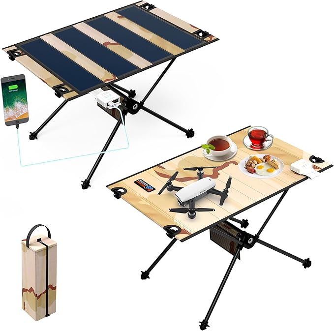 ECOeshiner Solar Folding Table 28W Camping Table - Solar Charging Mesh Bag Two USB Ports Heat + Water + Splash Resistant Solar Powered Beach Table Picnic Table Outdoor Table
