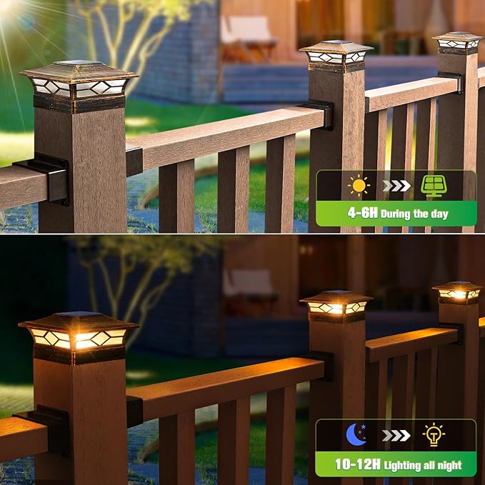 Solar Post Cap Lights Outdoor 6pack Waterproof Solar Powered Deck Fence Post Lights for 4x4 Wood/Vinyl Posts Solar Outdoor LED Light with Cool/Warm Lighting Decorate Garden Patio Porch…