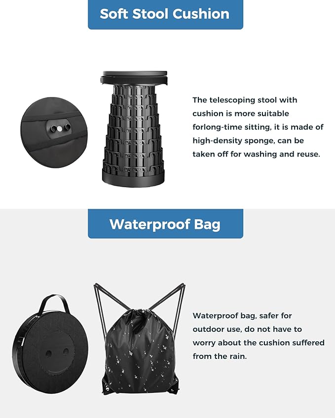 2PCS Upgraded Collapsible Stool with Removable Cushion &amp Waterproof Carry Bag - Portable Folding Stool for Adults Camping Fishing Hiking - Lightweight Yet Sturdy Max 400lbs
