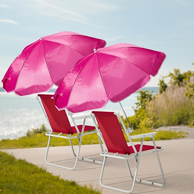 Folding Beach Chair with Umbrella – Portable Lightweight Lounge Chair for Adults with High Back &amp Heavy-Duty Frame UPF Sun Protection for Beach Camping Park Concerts (Pink)