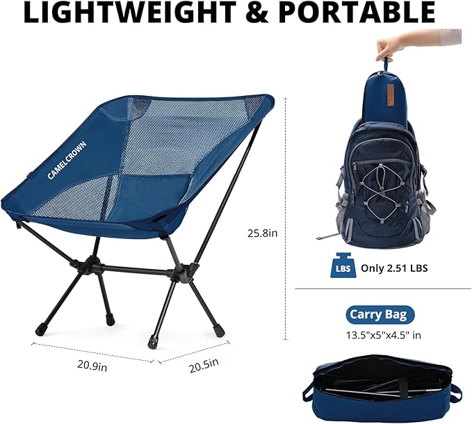 CAMEL CROWN Camping Chair Heavy Duty Backpacking Chair - Ultra-Light Folding Chair with Carry Bag Portable Compact for Outdoor Lawn Hiking Beach Picnic