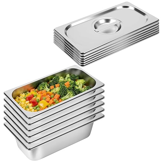 6 Pack 1/3 Size Hotel Pans 4 Inch Deep with Lids Stainless Steel Steam Table Pan with Lids Commercial Food Pans for Hotel Home Restaurant Catering Buffet Pan