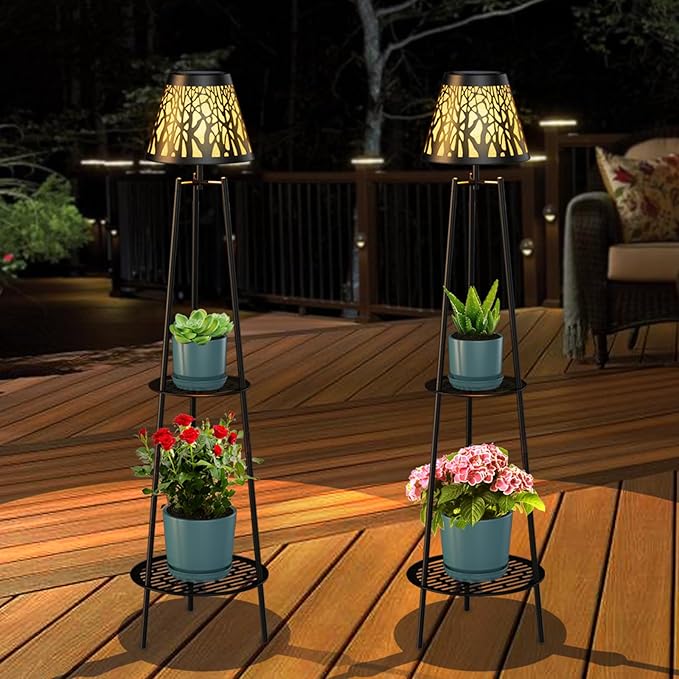 2 Pack 45.5'' Outdoor Floor Lamps with 2 Tier Plant Stand Solar Powered Metal Waterproof Lights for Patio Deck Yard Garden Porch Decor