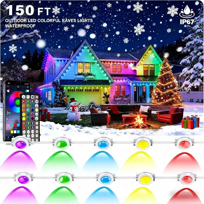 Permanent Outdoor Lights 150FT—Smart RGB Eave Lighting with App &amp Remote Control IP67 Waterproof for House Exterior Garden Holiday and Party Decor