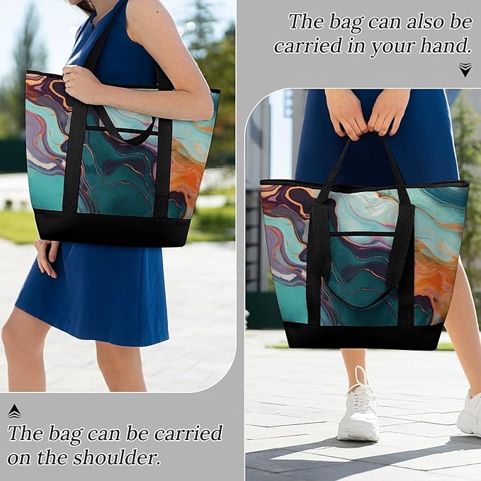 Insulated Shopping BagLarge Reusable Cooler Bags Colourful Marble Printed Foldable Shopping BagTravel Waterproof Shoulder Bag