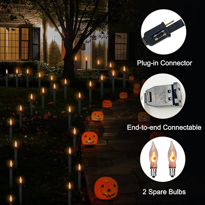 SUNSGNE Halloween Pathway Marker String Lights - 19.5Ft Outdoor Walkway Lights with 10 Black Blood Tears Candle Light Stakes for Lawn Yard Sidewalk Garden Decoration