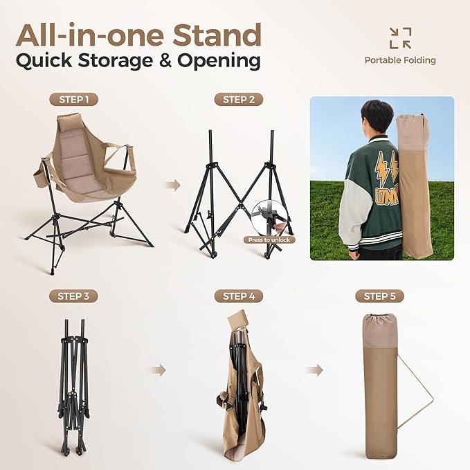 ALPHA CAMP Hammock Folding Rocking Chair with Cup Drink Holder High Back Padded Swinging Chair for OutdoorCamping LawnBackyardPicnic Steel Heavy Duty Portable Oversized(Khaki)
