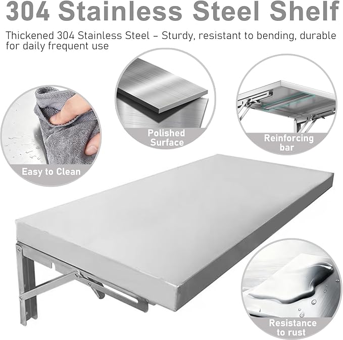 Foldable Food Truck Shelves Stainless Steel Wall Mounted Concession Shelf for Outdoor Use Trailer Countertop Extension Shelving for Porch and Prep