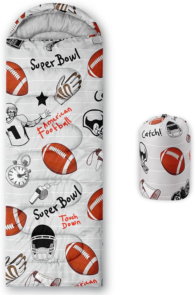 Kids Sleeping Bag for Boys GirlsCartoon Football Print-Lightweight Warm Portable Outdoor Indoor-Waterproof Cold Weather Resistant Sleeping Bag for Camping Hiking