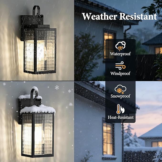 11.8-inch Dusk to Dawn Outdoor Lighting with Checkered Glass IP65 Waterproof All-Metal Black Exterior Light Fixture Outdoor Porch Light for Front Door Garage Patio