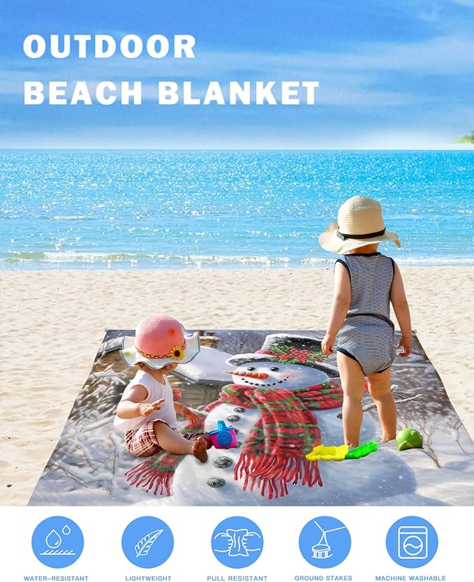 Beach Blanket Waterproof Sandproof Christmas Snowman Winter Snow Scene Quick Drying Beach Mat with 4 Stakes Farm Retro Farmhouse Lightweight Picnic Blanket for Travel Camping Outdoor 83x79