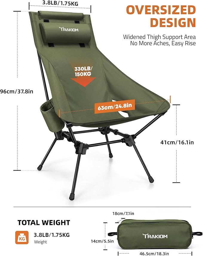High Back Portable Compact Camping Chair Lightweight Green Folding Chair with Head Support &amp Widened Seat Adjustable Head Support for Beach Camping Festival Hiking and Outdoor Travel